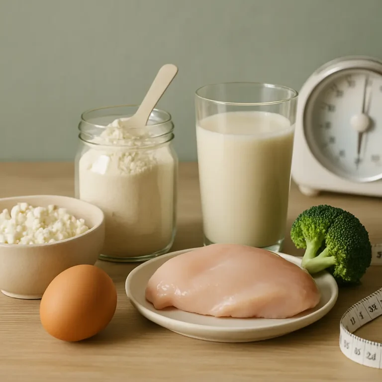 Assortment of high-protein foods including raw chicken breast, egg, cottage cheese, protein powder, broccoli, and a glass of milk, ideal for fitness nutrition and healthy eating.