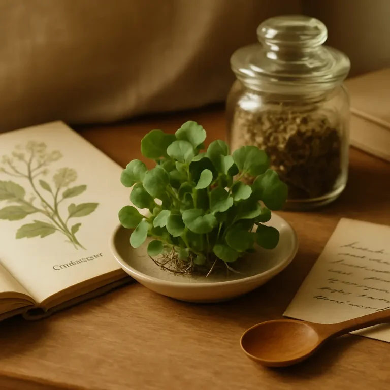 Fresh green herbs on a small dish next to a jar of dried herbs, an herbal illustration book, and a wooden spoon, representing natural remedies, vitamins, and healthy eating.