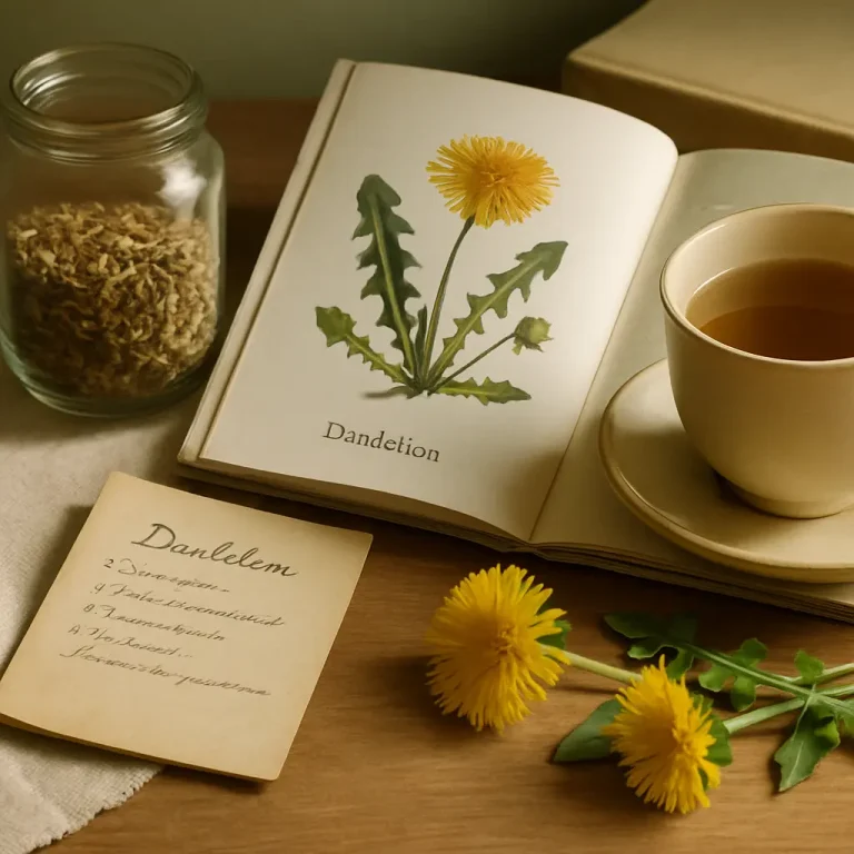 Open book displaying a dandelion illustration, accompanied by a cup of herbal tea and dried dandelion roots in a jar, emphasizing natural supplements and wellness.