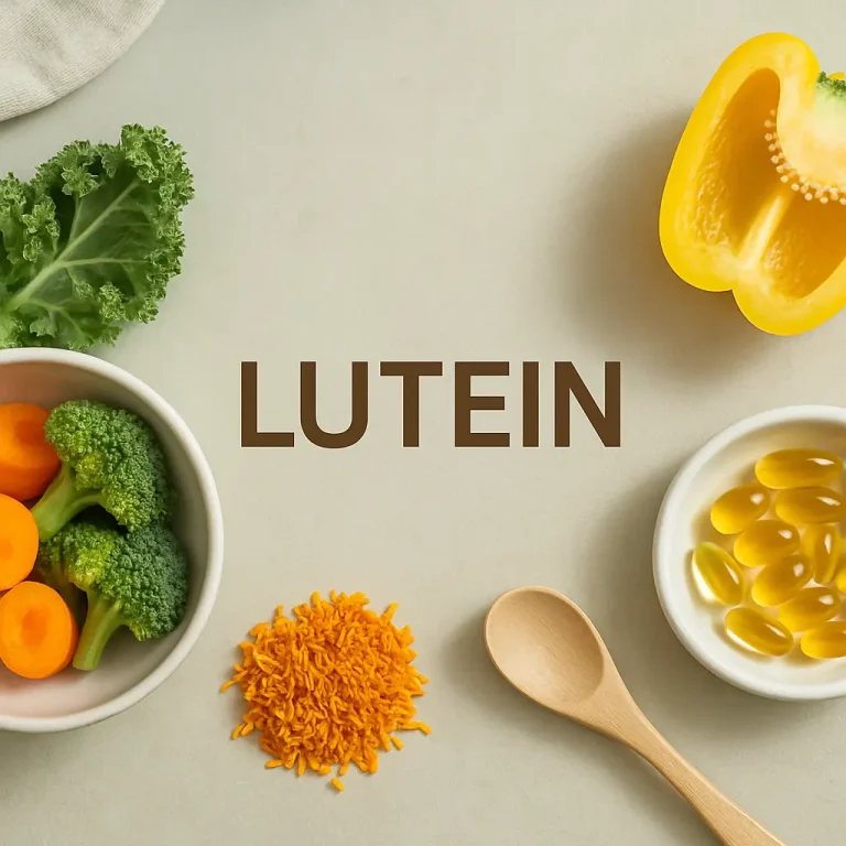 Lutein supplements surrounded by fresh kale, yellow bell pepper, broccoli, and orange carrots, highlighting healthy eating and wellness.