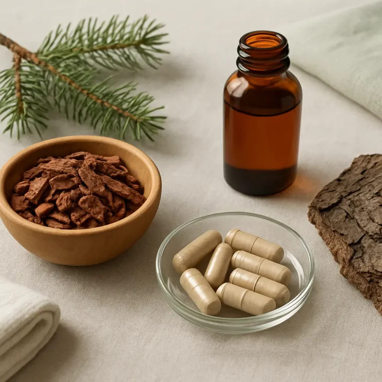 Natural health setting with wellness supplements, including herbal capsules in a glass dish, a bowl of dried plant material, and a brown glass bottle, promoting vitamins and healthy lifestyle choices.