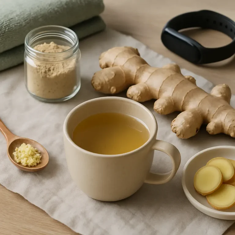 A cup of ginger tea surrounded by fresh ginger root, a jar of ginger powder, a fitness tracker, and a green towel, emphasizing wellness, supplements, and healthy eating.