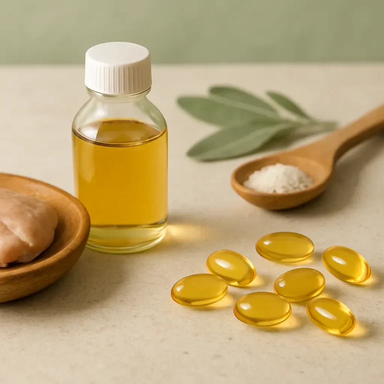 Vial of oil, fish oil capsules, powder on a spoon, and a piece of raw meat, symbolizing vitamins, supplements, nutrition, and healthy eating.