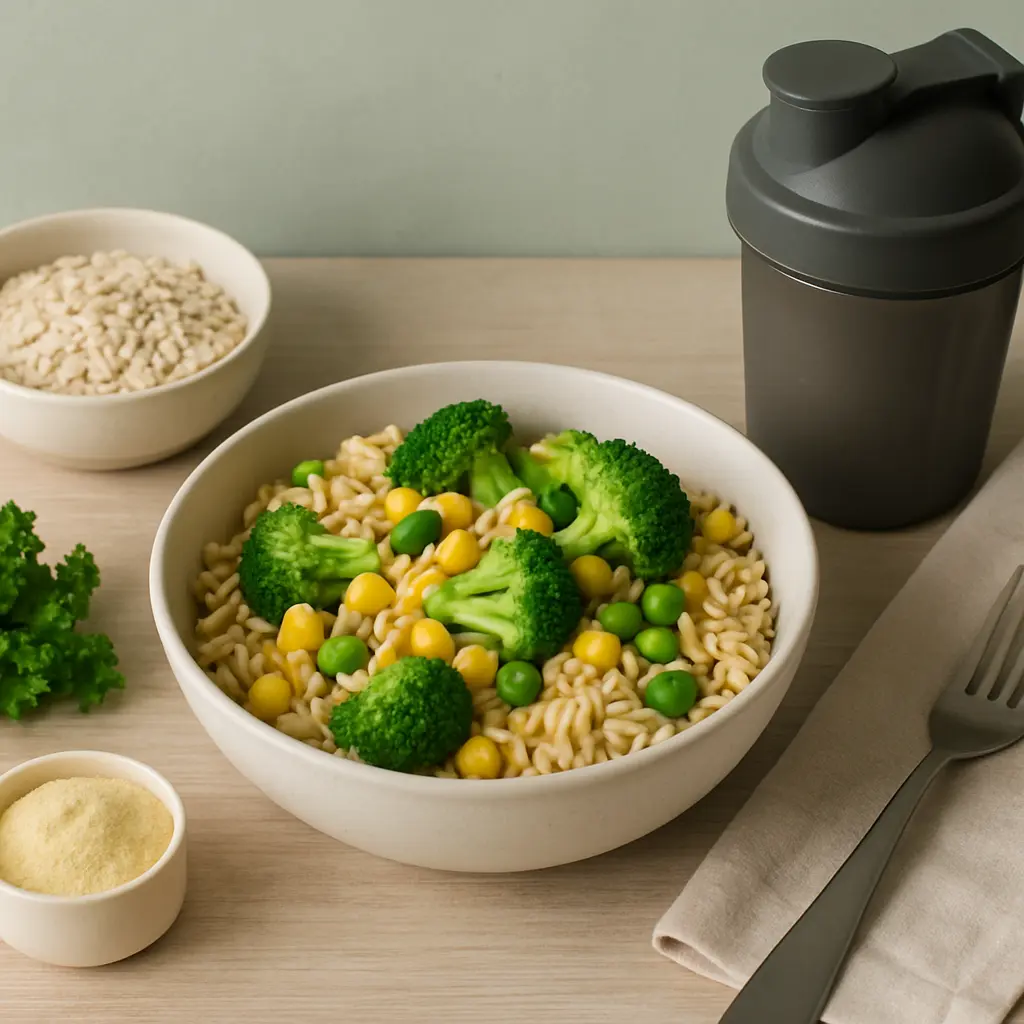 Healthy meal with broccoli, corn, and peas in a bowl of pasta, accompanied by a protein shaker and nutrient supplement, promoting wellness and fitness through nutritious eating.