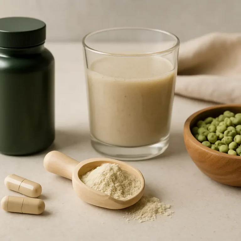 A glass of protein shake, a scoop of protein powder, vitamin capsules, and a bowl of peas on a table, representing healthy eating and fitness supplements.