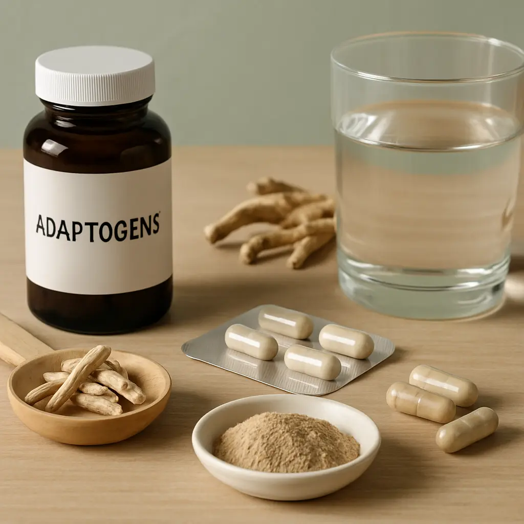 Adaptogens bottle with capsules, herbal roots, and powder, promoting wellness, vitamins, and healthy supplements for fitness and nutrition.