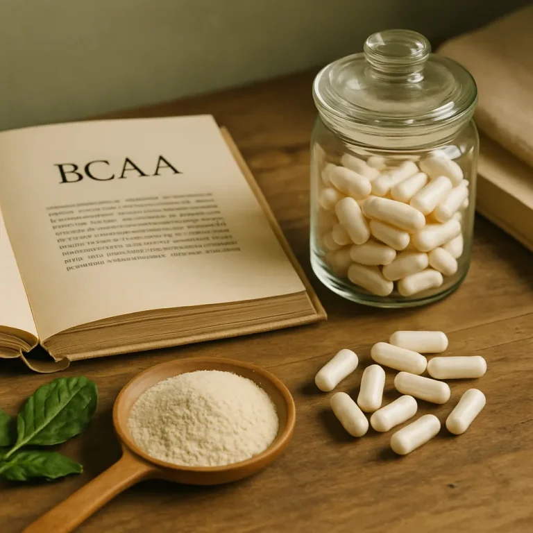 Glass jar filled with white BCAA supplements next to an open book titled 'BCAA,' a small wooden scoop with powder, and fresh spinach leaves, highlighting fitness, wellness, and healthy eating.