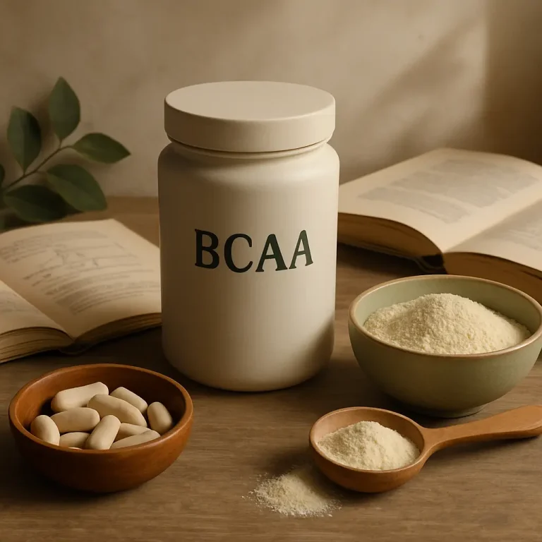 BCAA supplements including a jar, bowl of powder, tablets, and an open book, emphasizing fitness and wellness benefits.