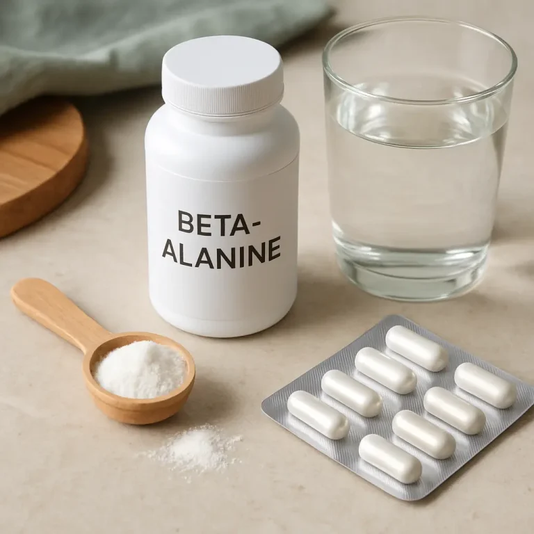 Beta-alanine supplement bottle, scoop of powder, blister pack of capsules, and a glass of water, emphasizing fitness and wellness.