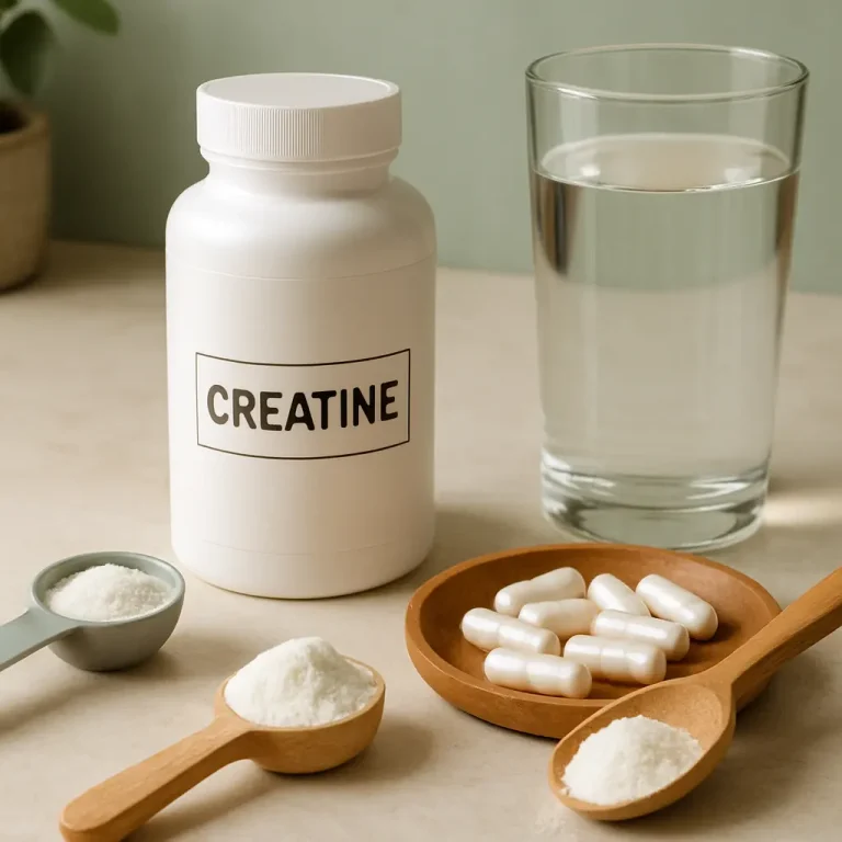 Creatine supplement container with powder and capsules, emphasizing fitness, wellness, and healthy nutrition.