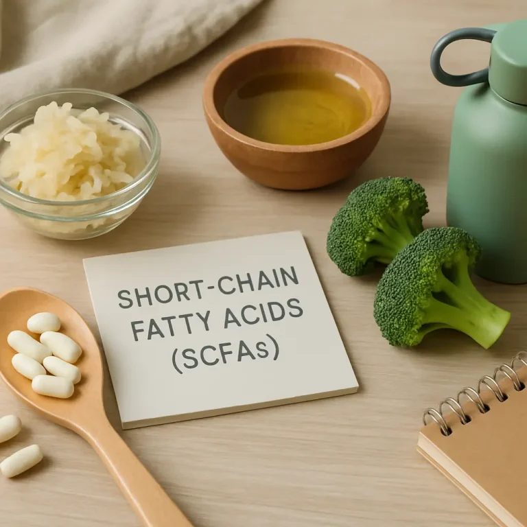 Healthy foods and supplements promoting wellness including broccoli, fermented foods, and vitamins, with a focus on short-chain fatty acids (SCFAs) for fitness and healthy eating.