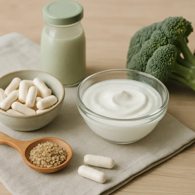 Healthy lifestyle image featuring vitamin supplements in capsules, yogurt in a glass bowl, a jar of juice, quinoa in a wooden spoon, and fresh broccoli, representing wellness and fitness nutrition.