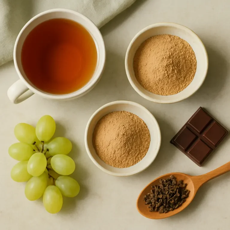 A cup of tea, two bowls of powdered supplements, a cluster of green grapes, dark chocolate squares, and a spoon with loose tea leaves arranged on a light surface, highlighting wellness and healthy eating.