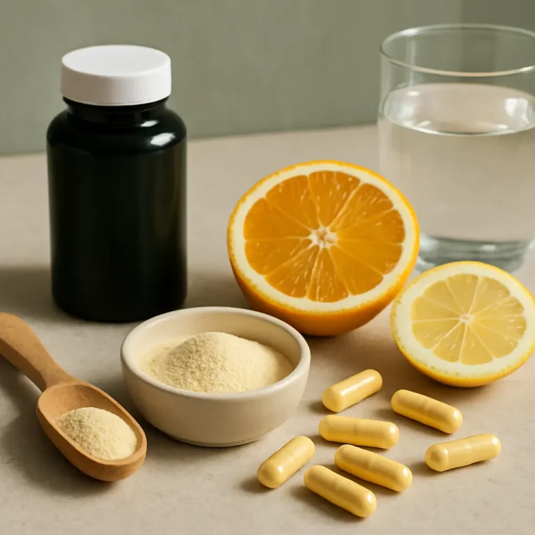 Vitamins and supplements displayed with a bottle, yellow capsules, a bowl and spoon of powder, and fresh citrus fruits, emphasizing healthy eating and wellness.