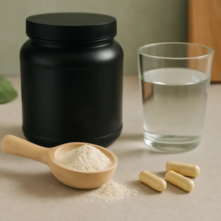 A black container of protein powder, a wooden scoop filled with powder, three supplement capsules, and a glass of water on a countertop, promoting fitness, vitamins, supplements, and healthy eating.
