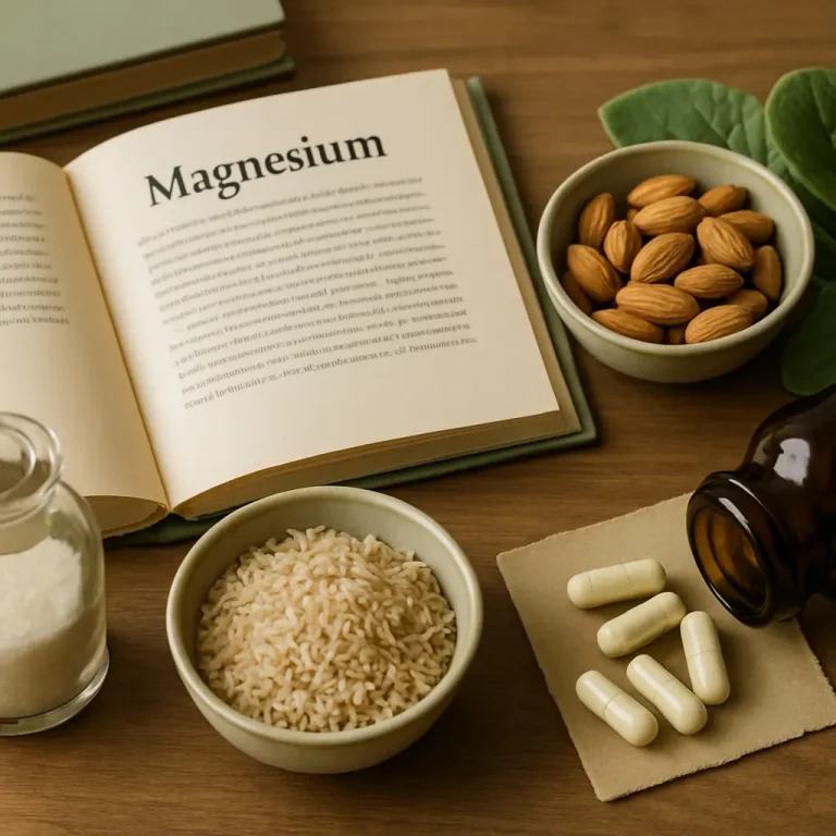Open book on magnesium benefits next to almonds, brown rice, supplement capsules, and green leaves, highlighting healthy eating and wellness.