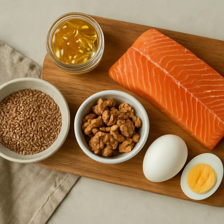 Healthy foods rich in vitamins and omega-3 include salmon, walnuts, flaxseeds, eggs, and fish oil supplements displayed on a wooden board, promoting wellness and fitness through nutritious eating.