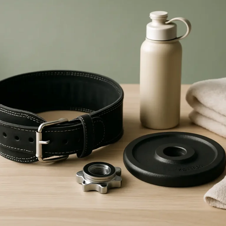 Fitness gear on a wooden table including a black weightlifting belt, metallic weight plate and collar, beige water bottle, and a folded towel, suggesting wellness and health supplements context.