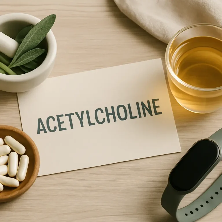 Card labeled 'Acetylcholine' surrounded by supplements, herbal leaves, a drink, and a fitness tracker, emphasizing wellness and healthy lifestyle.