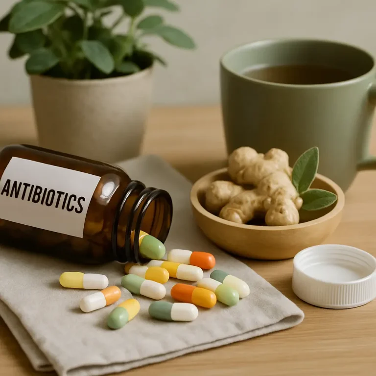 Open bottle of antibiotics with colorful capsules spilling out, accompanied by a cup of herbal tea and a bowl of ginger, emphasizing wellness, supplements, and healthy living.