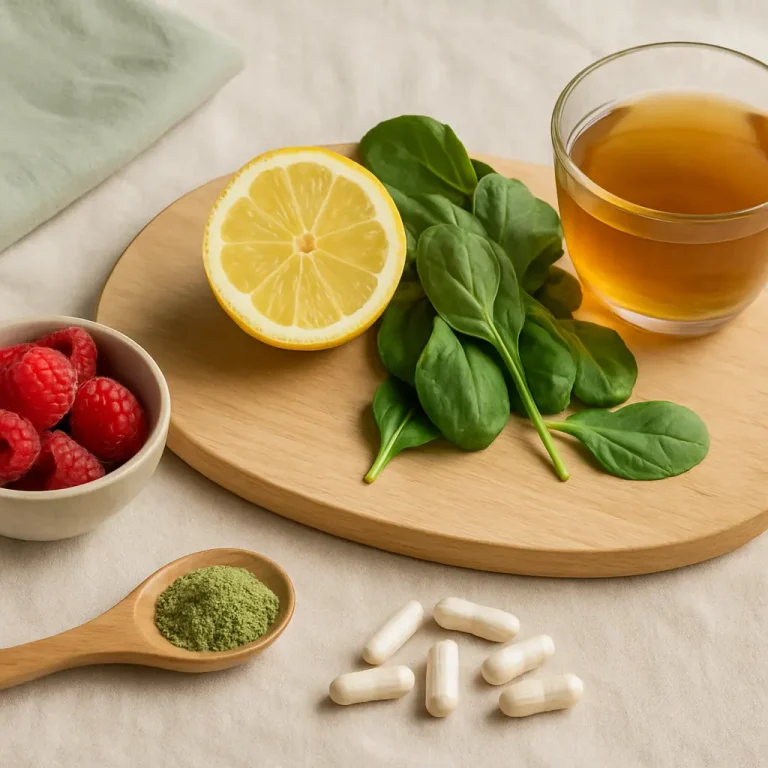 A healthy assortment featuring fresh spinach leaves, lemon, raspberries, green powder in a wooden spoon, and white vitamin capsules, emphasizing wellness, fitness, and healthy eating.