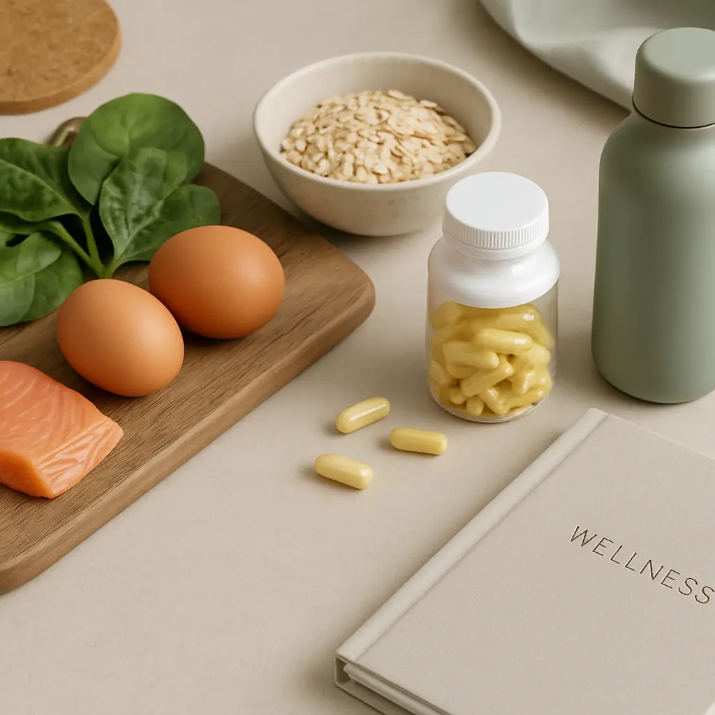 Healthy lifestyle image featuring spinach, eggs, salmon, a bowl of oats, a bottle of yellow vitamin supplements, a wellness journal, and a water bottle; keywords: vitamins, supplements, fitness, wellness, healthy eating.