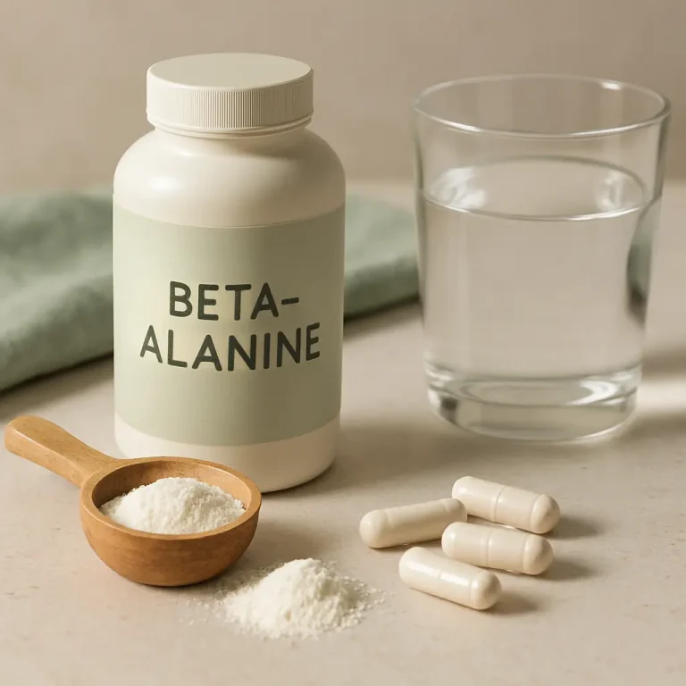 A container labeled 'Beta-Alanine' surrounded by a wooden scoop of powder, several white capsules, and a glass of water, indicating a focus on fitness supplements and wellness.