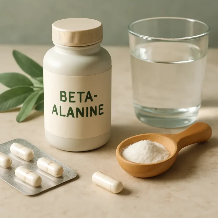 Beta-alanine supplement bottle with capsules, powder on a wooden spoon, and a glass of water, highlighting fitness and wellness benefits.