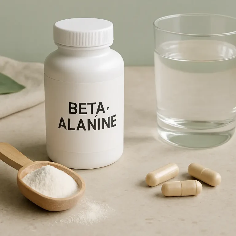 Beta-alanine supplement bottle with powder and capsules on a table, next to a glass of water, highlighting fitness and wellness benefits.