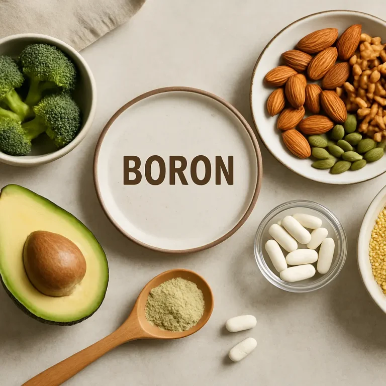 Assorted healthy foods rich in boron, including broccoli, almonds, seeds, avocado, and supplements, promoting wellness, fitness, and balanced eating.