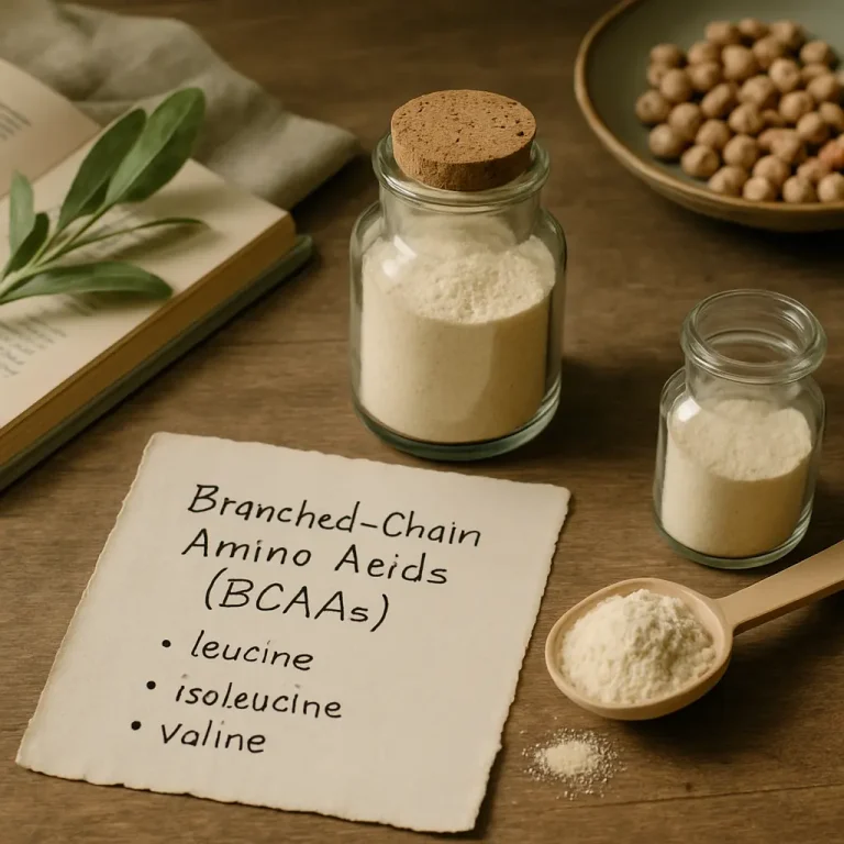 Jars and a spoon filled with BCAA powder, emphasizing leucine, isoleucine, and valine for fitness supplements and wellness.