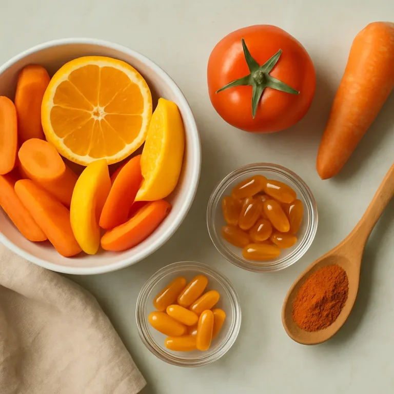 Assortment of healthy foods and supplements, including carrot and orange slices, tomato, vitamin capsules, and turmeric powder, showcasing wellness and nutrition benefits.