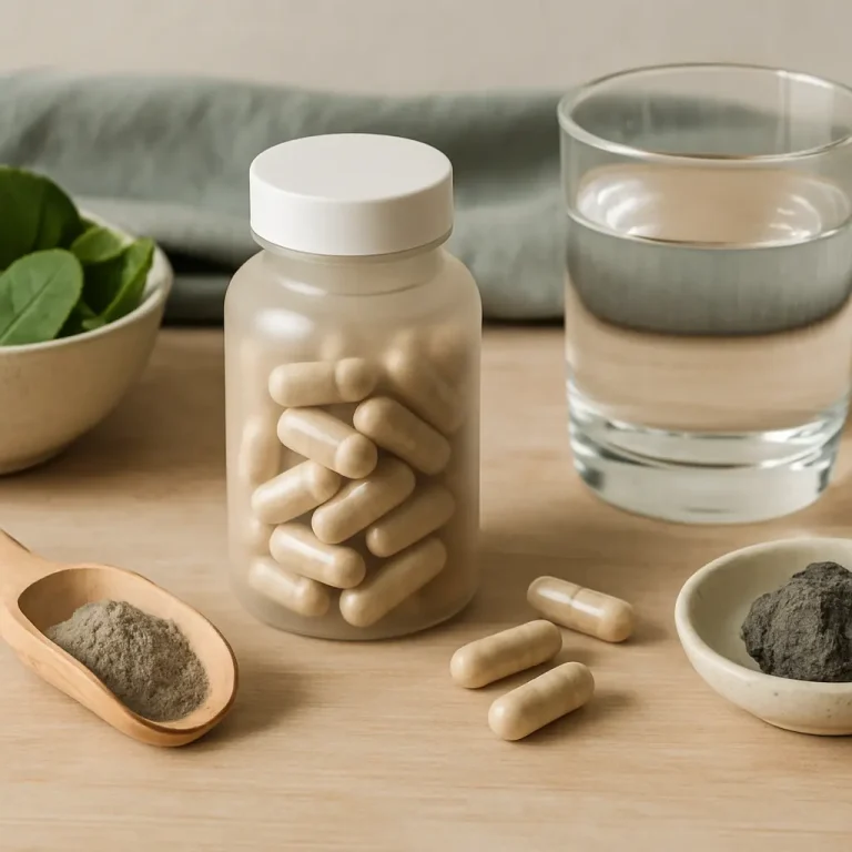 A bottle of dietary supplements surrounded by glass of water, fresh greens, and bowls of health powders, symbolizing vitamins, fitness, and wellness.