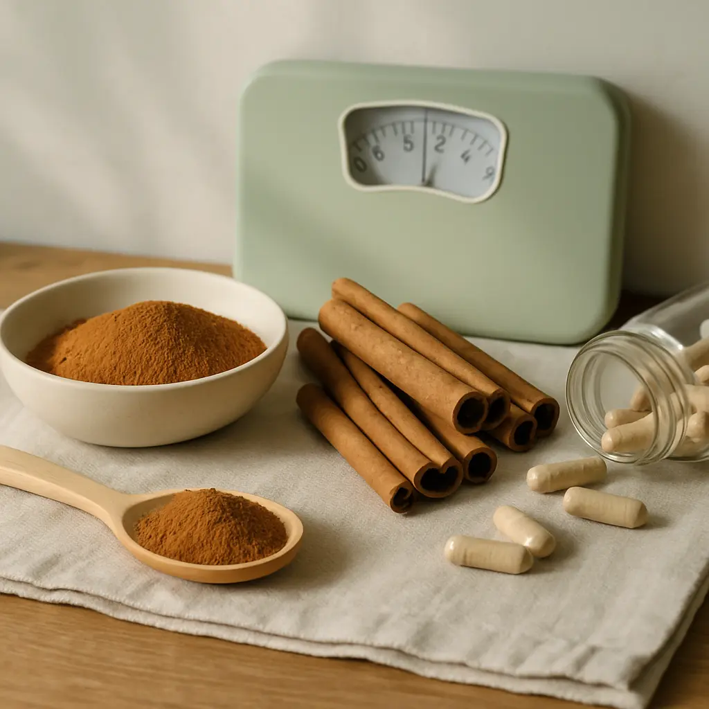 Cinnamon sticks, a bowl and spoon of cinnamon powder, scattered supplement capsules, and a green scale, promoting wellness, fitness, and healthy eating.
