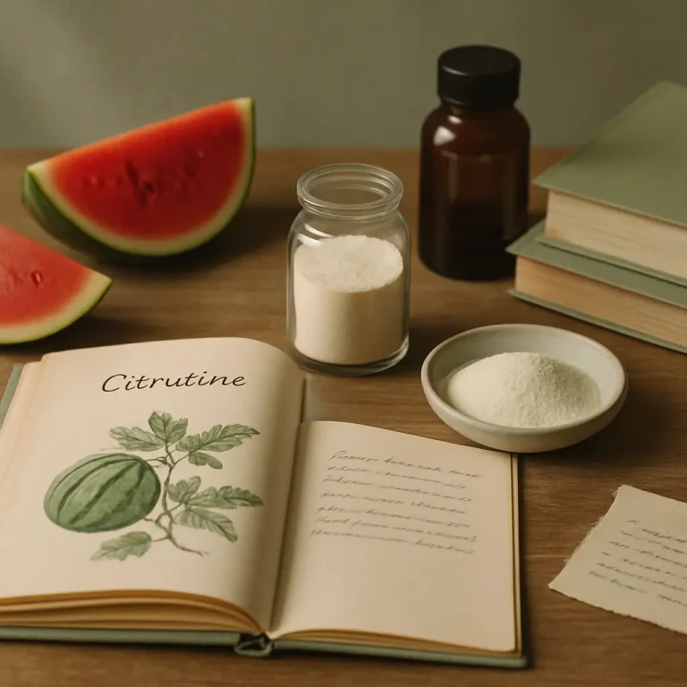 Open book with illustration of a watermelon next to a jar and bowl of white powder, suggesting supplements or vitamins related to wellness and healthy eating.