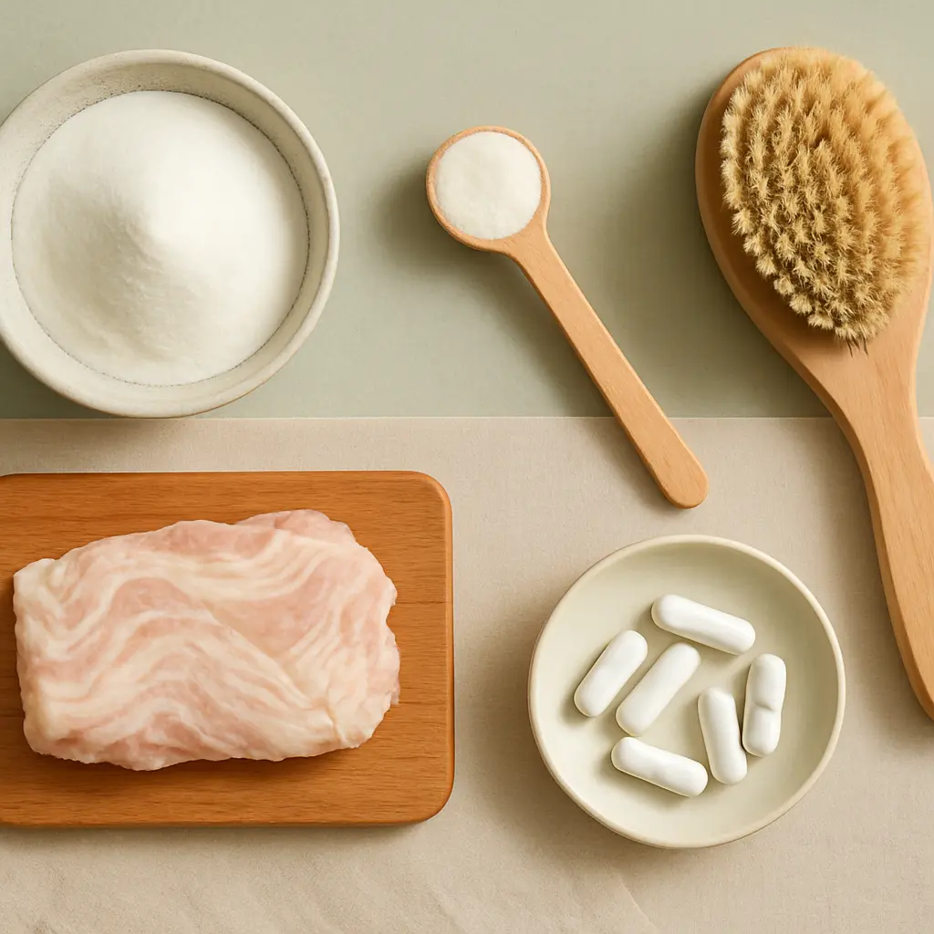 Collagen supplements alongside a natural bristle brush, soap bar, and powders, representing wellness, healthy skin, and nutrition.
