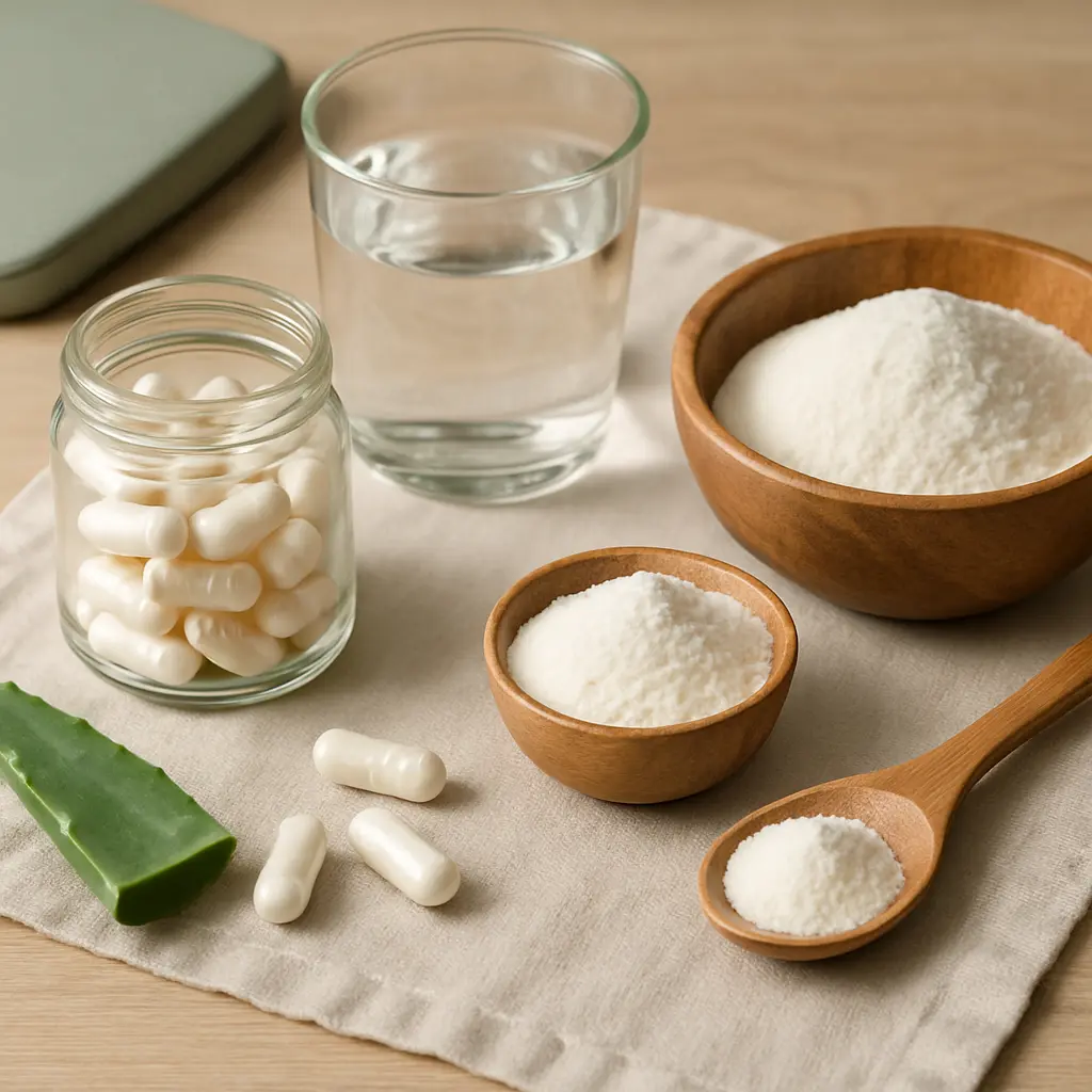 Glass jar of white capsules, wooden bowls with powder supplements, a glass of water, aloe vera leaf, and a wooden spoon on a cloth, promoting vitamins and wellness.