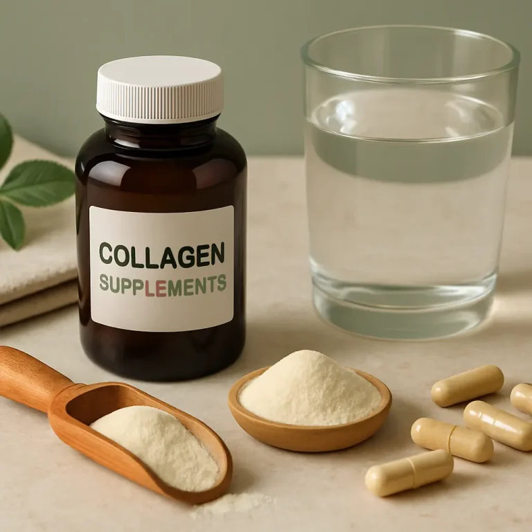 Collagen supplements displayed with a brown bottle, powder in a scoop and bowl, capsules, and a glass of water, emphasizing wellness and healthy living.