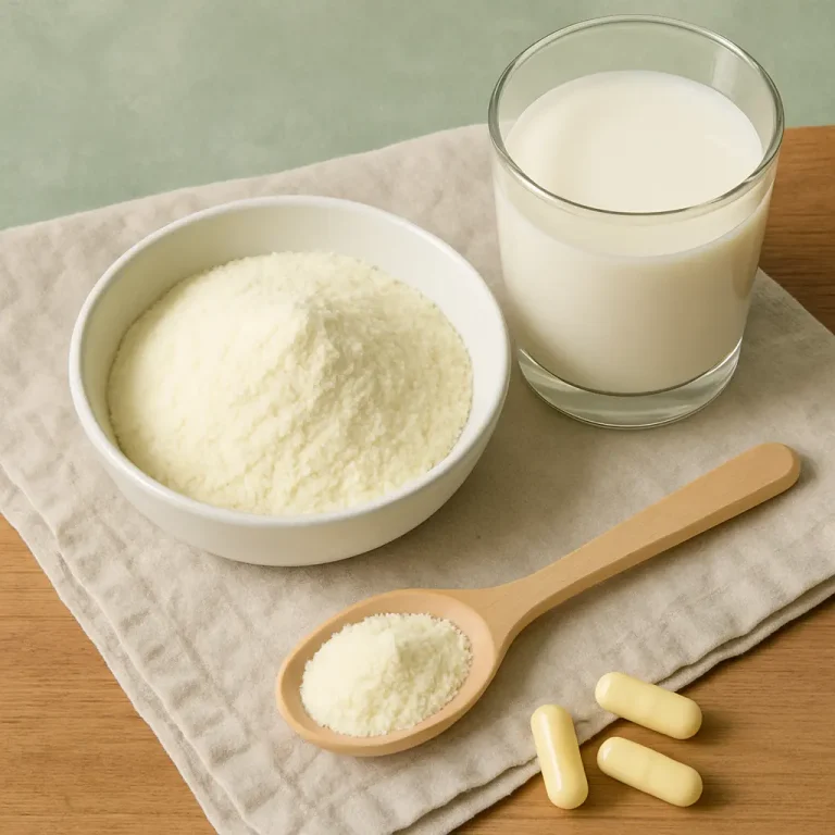 A bowl of protein powder, glass of milk, wooden spoon with powder, and vitamin supplements on a cloth, symbolizing healthy eating, fitness, and wellness.