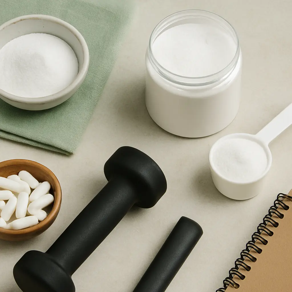 Assortment of supplements, protein powder, capsules, and a dumbbell on a table, symbolizing fitness and wellness.