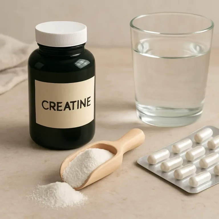 Creatine supplement bottle alongside a wooden scoop with powder, a glass of water, and blister pack pills, highlighting fitness and wellness supplements.