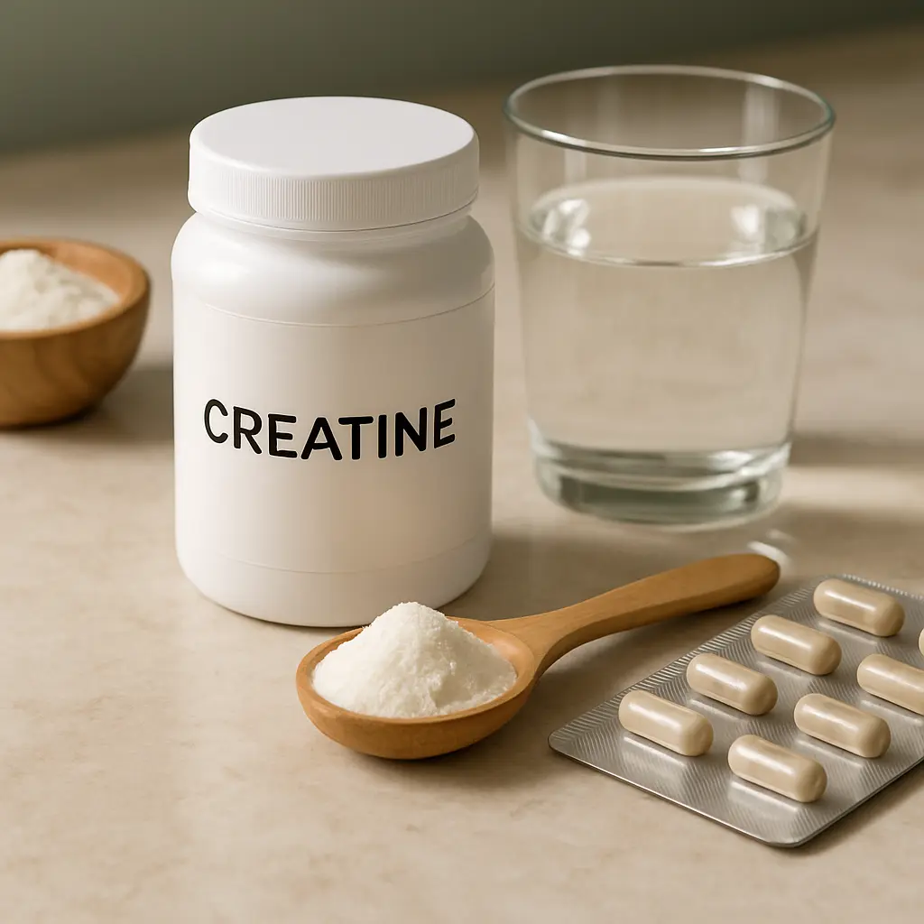 A creatine supplement jar next to a glass of water, a wooden spoon filled with powder, and a blister pack of capsules, emphasizing fitness, wellness, and nutritional support.