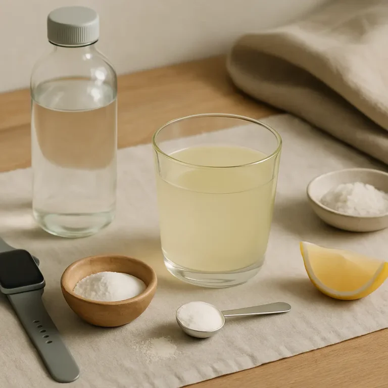 A table with a glass of lemon drink, watch, small containers of powder, a lemon slice, and a water bottle, symbolizing health, fitness, and wellness with a focus on vitamins, supplements, and healthy eating.
