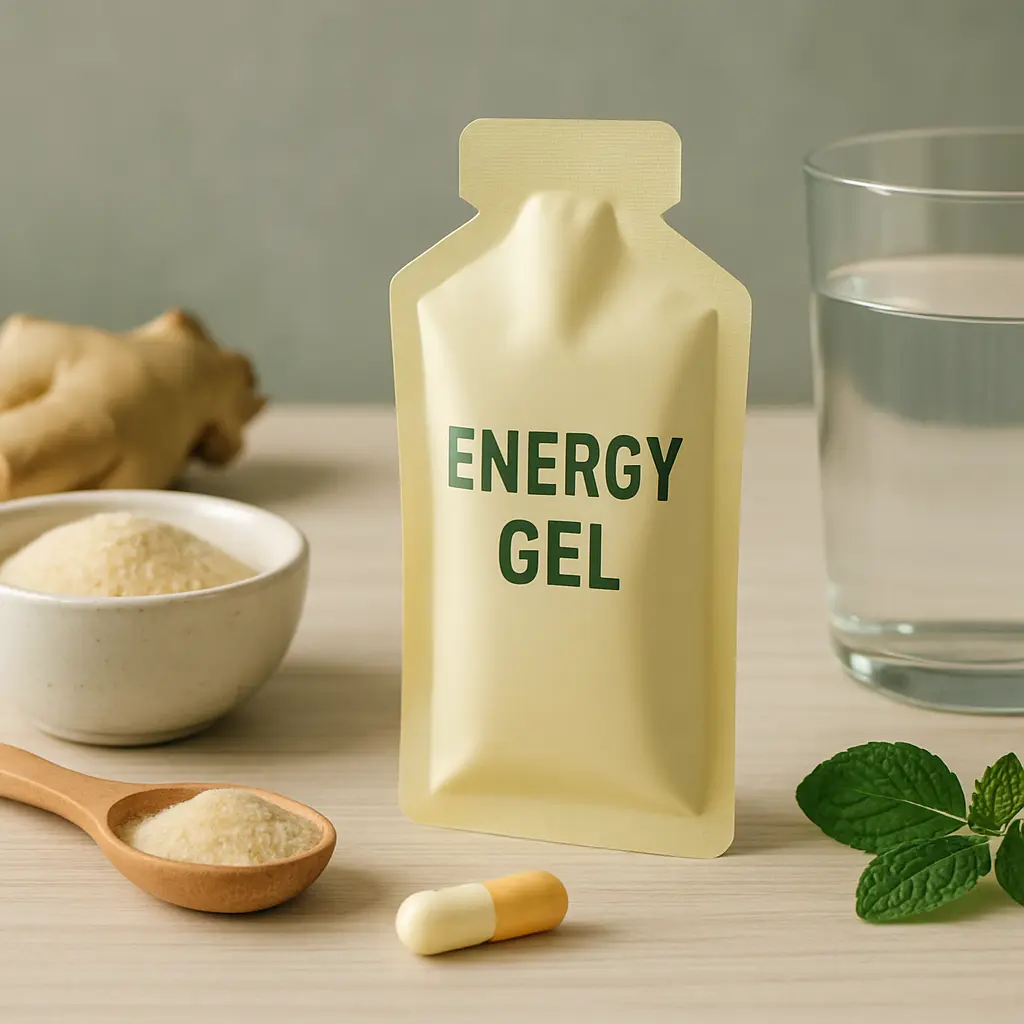 Energy gel packet beside supplement capsule, ginger, and mint leaf, emphasizing fitness and wellness nutrition.