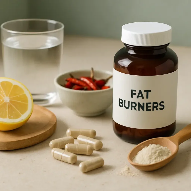 Fat burner supplement bottle surrounded by capsules, a bowl of chili peppers, a lemon slice, and a glass of water, symbolizing fitness and wellness.
