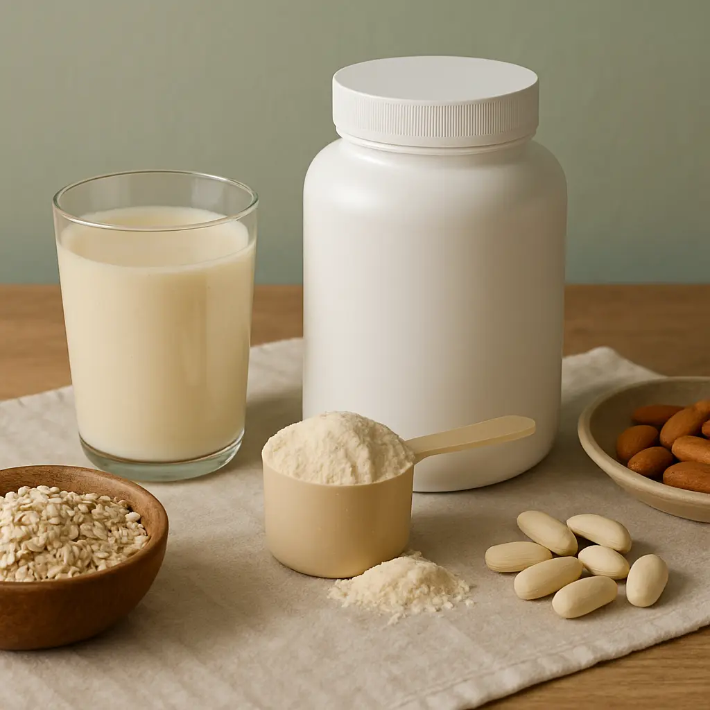 A collection of wellness and fitness items including a large white supplement container, a glass of milk, a scoop of protein powder, a bowl of oats, a plate of almonds, and several white vitamin tablets, all promoting healthy eating and nutritional balance.
