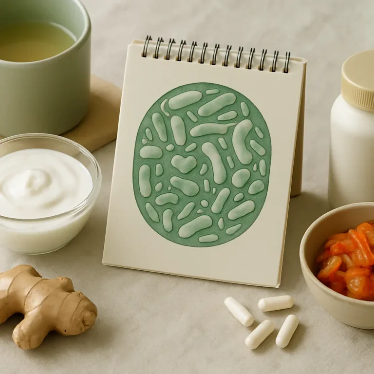 Healthy living setup with yogurt, ginger, probiotic capsules, a bottled supplement, kimchi, and a sketch of probiotics on a notepad, emphasizing vitamins, wellness, and balanced nutrition.