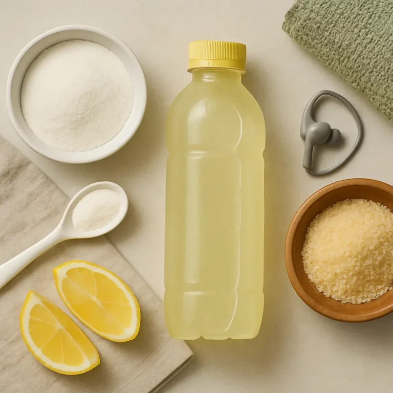 A yellow bottle surrounded by lemon slices, bowls of white and yellow powders, and a spoon on a towel, symbolizing fitness and wellness through vitamins and supplements.