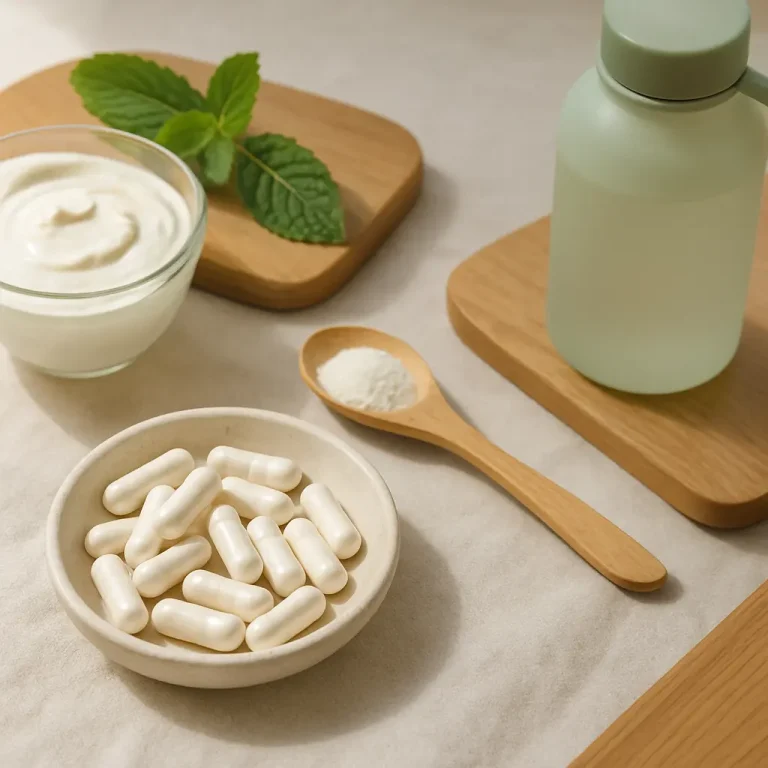 A bowl of white supplement capsules, a wooden spoon with powder, a glass of yogurt, and a refreshing water bottle suggest healthy eating, vitamins, and fitness wellness.