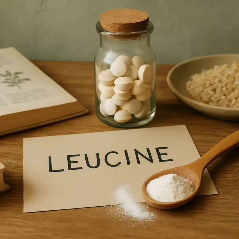 Glass jar of leucine tablets beside a wooden spoon of leucine powder, emphasizing fitness supplements and healthy eating, with a focus on wellness.